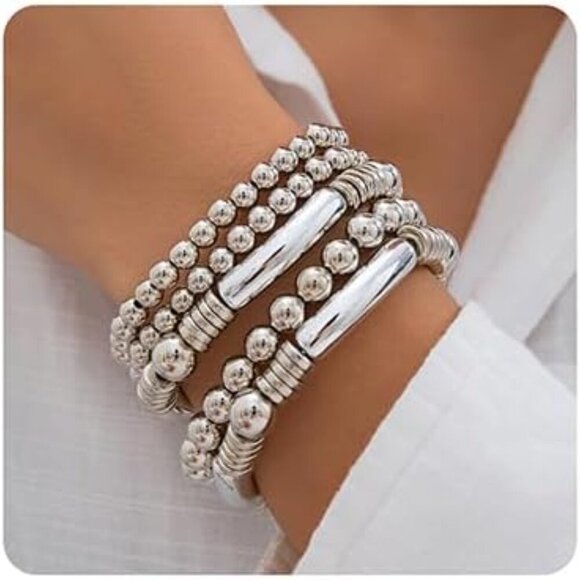 Jewelry - 5pcs Layered Beaded Bracelets Set for Women Dainty Stretch Elastic Round Ball Be